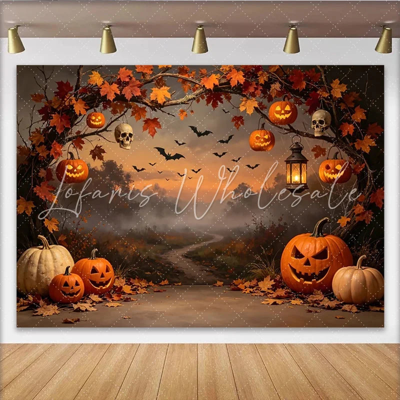 Lofaris Spooky Halloween Backdrop with Jack-o’-Lanterns Autumn Leaves and Flying Bats Misty Forest Photography Background for Party Decor