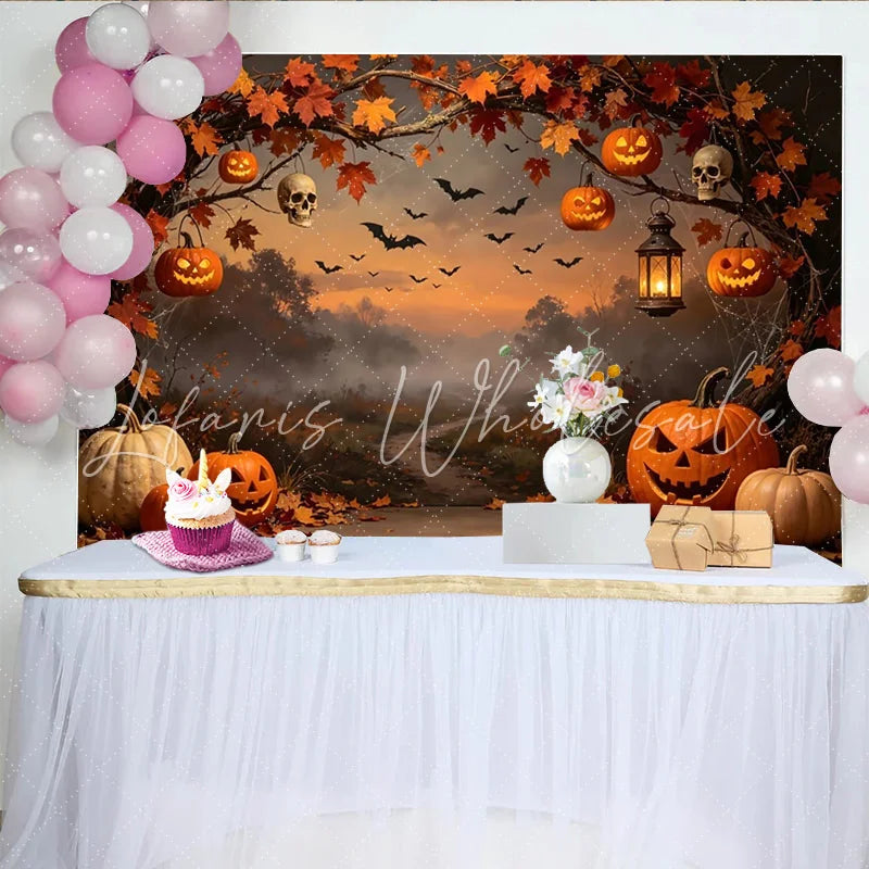 Lofaris Spooky Halloween Backdrop with Jack-o’-Lanterns Autumn Leaves and Flying Bats Misty Forest Photography Background for Party Decor