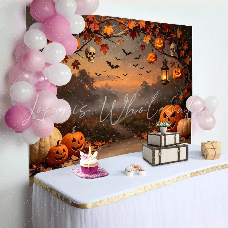 Lofaris Spooky Halloween Backdrop with Jack-o’-Lanterns Autumn Leaves and Flying Bats Misty Forest Photography Background for Party Decor