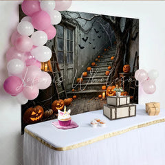Lofaris Spooky Halloween Backdrop with Jack-o’-Lanterns Bats and Old House Stairs Eerie Night Scene Background for Spooky Party Decor