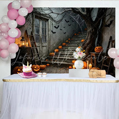 Lofaris Spooky Halloween Backdrop with Jack-o’-Lanterns Bats and Old House Stairs Eerie Night Scene Background for Spooky Party Decor