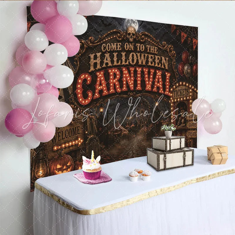 Lofaris Spooky Halloween Carnival Backdrop with Skeletons and Pumpkins Eerie Circus Tent Background for Party Decor