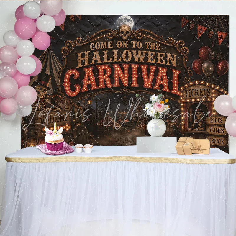 Lofaris Spooky Halloween Carnival Backdrop with Skeletons and Pumpkins Eerie Circus Tent Background for Party Decor