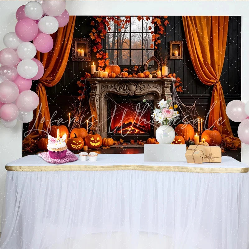 Lofaris Spooky Halloween Fireplace Backdrop with Jack-o’-Lanterns and Fall Leaves Creepy Autumn Scene Background for Party Photography