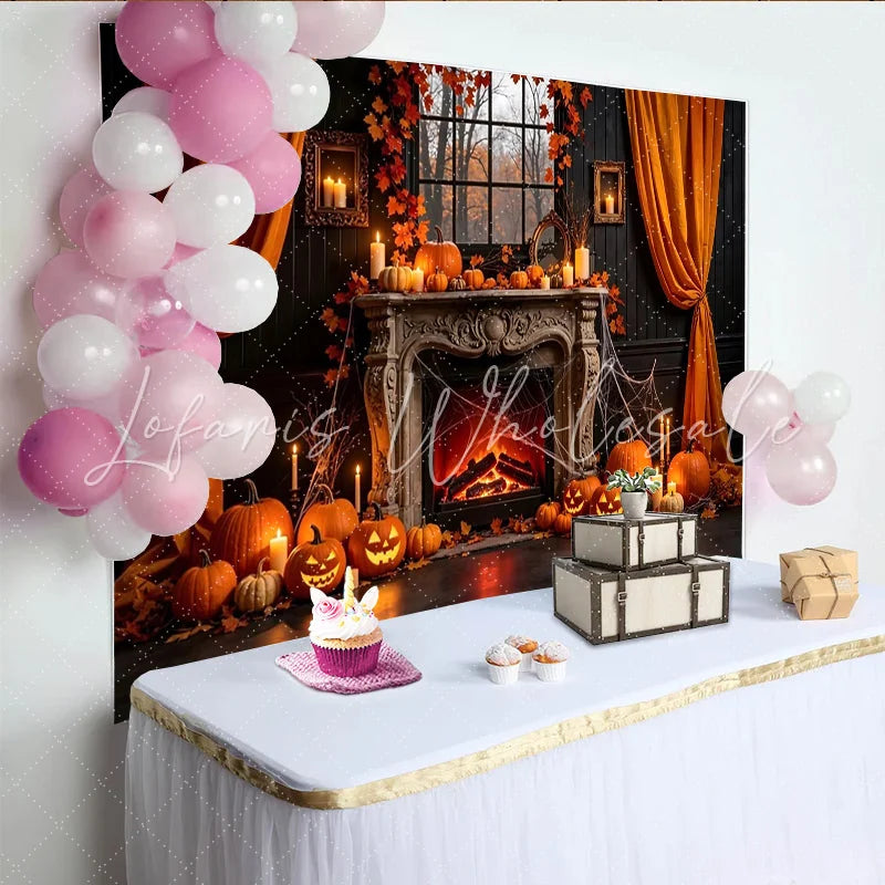 Lofaris Spooky Halloween Fireplace Backdrop with Jack-o’-Lanterns and Fall Leaves Creepy Autumn Scene Background for Party Photography
