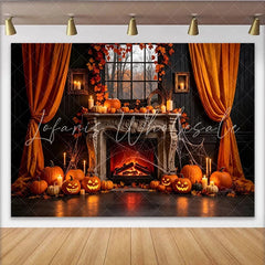 Lofaris Spooky Halloween Fireplace Backdrop with Jack-o’-Lanterns and Fall Leaves Creepy Autumn Scene Background for Party Photography