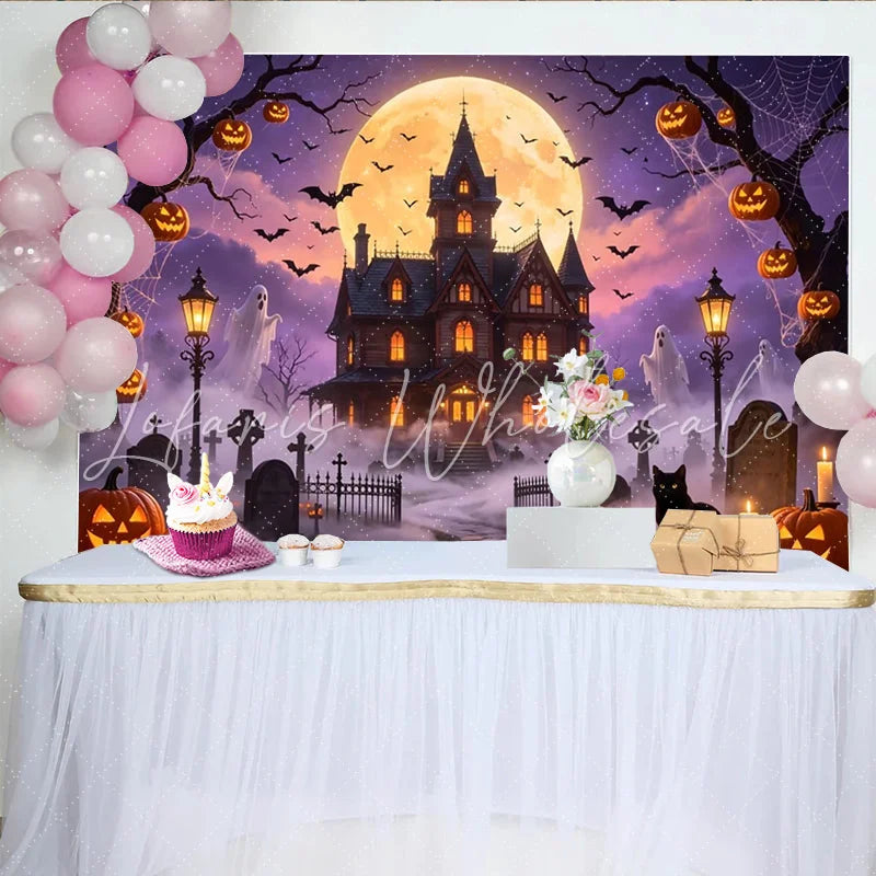 Lofaris Spooky Halloween Haunted House Backdrop with Full Moon Bats and Glowing Pumpkins Eerie Graveyard Background for Party Decor