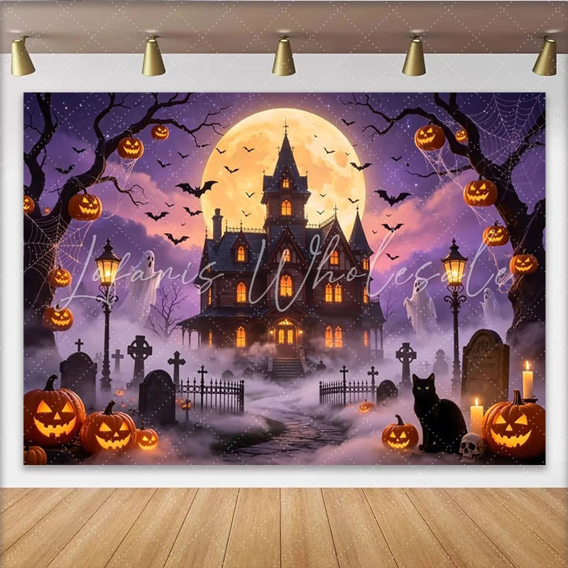 Lofaris Spooky Halloween Haunted House Backdrop with Full Moon Bats and Glowing Pumpkins Eerie Graveyard Background for Party Decor