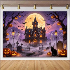 Lofaris Spooky Halloween Haunted House Backdrop with Full Moon Bats and Glowing Pumpkins Eerie Graveyard Background for Party Decor