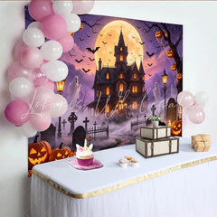 Lofaris Spooky Halloween Haunted House Backdrop with Full Moon Bats and Glowing Pumpkins Eerie Graveyard Background for Party Decor