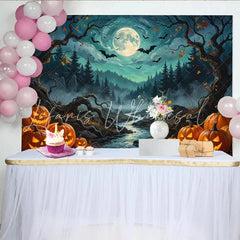Lofaris Spooky Halloween Night Backdrop with Jack-o-lanterns Full Moon and Bats Misty Forest River Photography Background for Party Decor
