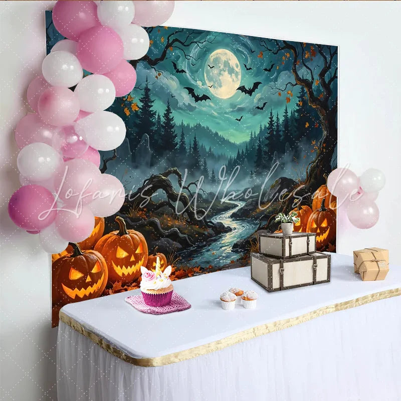 Lofaris Spooky Halloween Night Backdrop with Jack-o-lanterns Full Moon and Bats Misty Forest River Photography Background for Party Decor