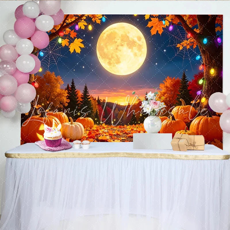 Lofaris Spooky Halloween Pumpkin Full Moon Backdrop with Autumn Leaves Colorful Lights and Spider Web Background for Fall Party Decor