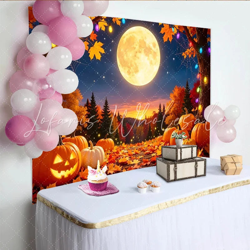 Lofaris Spooky Halloween Pumpkin Full Moon Backdrop with Autumn Leaves Colorful Lights and Spider Web Background for Fall Party Decor