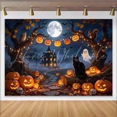 Lofaris Spooky Haunted House Halloween Backdrop Full Moon and Jack-o’-Lanterns Photography Background for Party Decor
