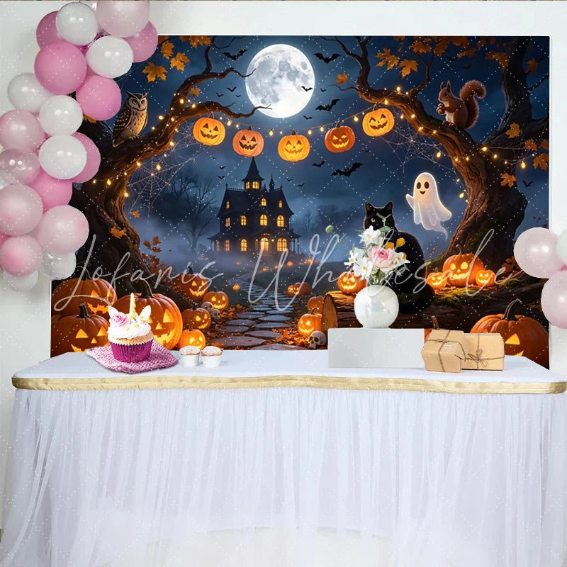 Lofaris Spooky Haunted House Halloween Backdrop Full Moon and Jack-o’-Lanterns Photography Background for Party Decor