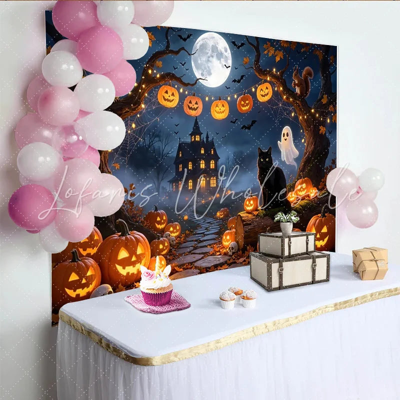 Lofaris Spooky Haunted House Halloween Backdrop Full Moon and Jack-o’-Lanterns Photography Background for Party Decor
