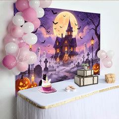 Lofaris Spooky Haunted House Halloween Backdrop with Full Moon Bats and Ghosts Eerie Graveyard Photography Background