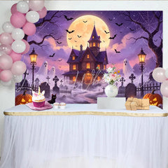Lofaris Spooky Haunted House Halloween Backdrop with Full Moon Bats and Ghosts Eerie Graveyard Photography Background