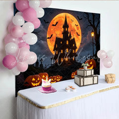 Lofaris Spooky Haunted House Halloween Backdrop with Glowing Jack-O’-Lanterns Creepy Night Scene Background for Party Decor