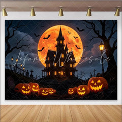 Lofaris Spooky Haunted House Halloween Backdrop with Glowing Jack-O’-Lanterns Creepy Night Scene Background for Party Decor