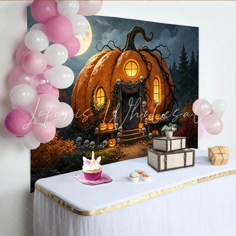 Lofaris Spooky Pumpkin House Halloween Backdrop with Full Moon and Skulls Eerie Jack-o’-Lanterns Photography Background for Spooky Party