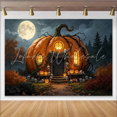Lofaris Spooky Pumpkin House Halloween Backdrop with Full Moon and Skulls Eerie Jack-o’-Lanterns Photography Background for Spooky Party
