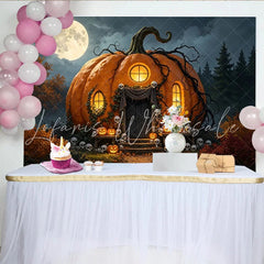 Lofaris Spooky Pumpkin House Halloween Backdrop with Full Moon and Skulls Eerie Jack-o’-Lanterns Photography Background for Spooky Party