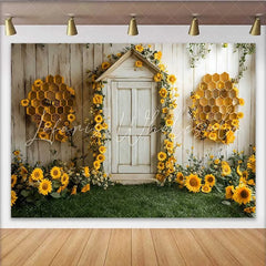 Lofaris Spring Bee Birthday Backdrop Sunflower Honeycomb Door Background Baby Shower Photo Studio Prop