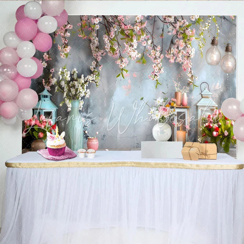 Lofaris Spring Blossom Garden Backdrop Vintage Lanterns and Pink Floral Photography Background