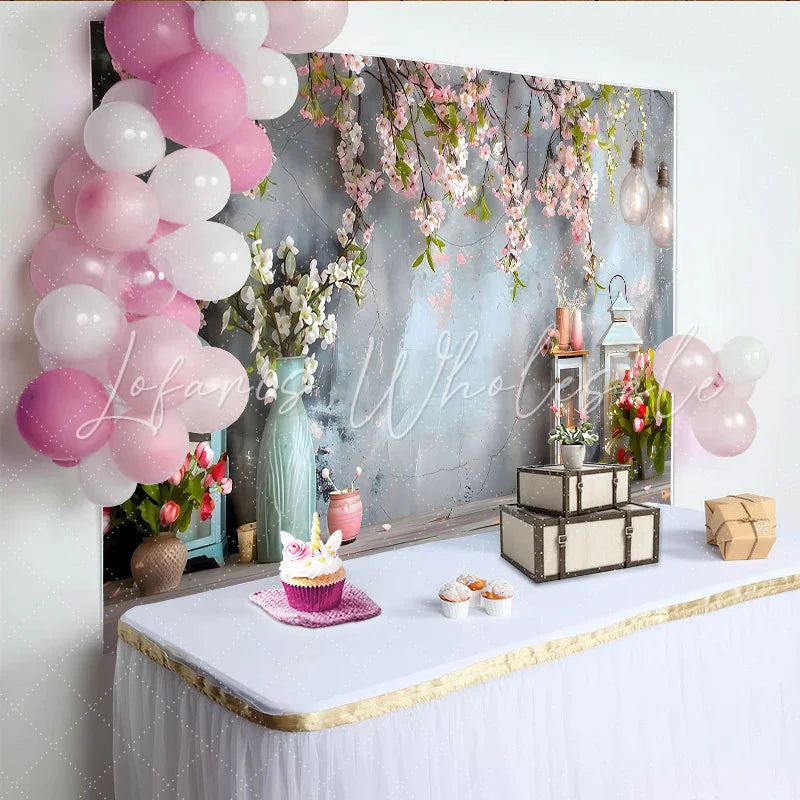 Lofaris Spring Blossom Garden Backdrop Vintage Lanterns and Pink Floral Photography Background