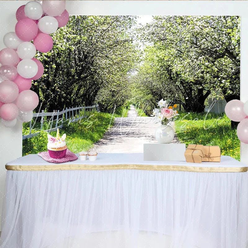 Lofaris Spring Blossom Path Photography Backdrop with White Flowers Natural Scenery Background for Outdoor Photoshoot.