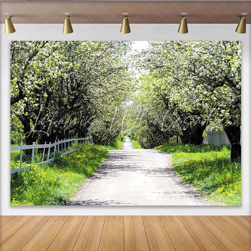 Lofaris Spring Blossom Path Photography Backdrop with White Flowers Natural Scenery Background for Outdoor Photoshoot.