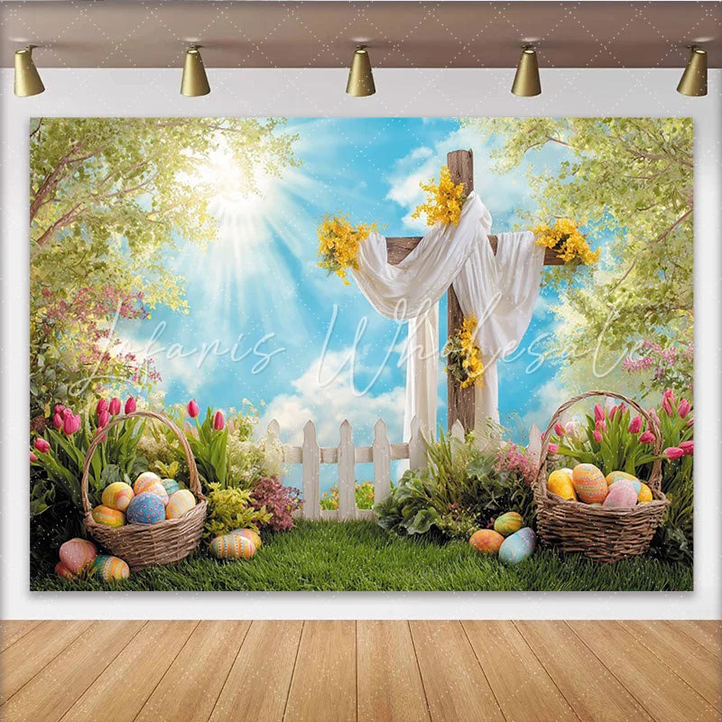 Lofaris Spring Easter Backdrop with Wooden Cross Colorful Eggs and Sunny Sky Lush Green Grass Background for Holiday Party