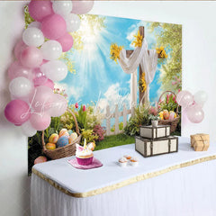 Lofaris Spring Easter Backdrop with Wooden Cross Colorful Eggs and Sunny Sky Lush Green Grass Background for Holiday Party