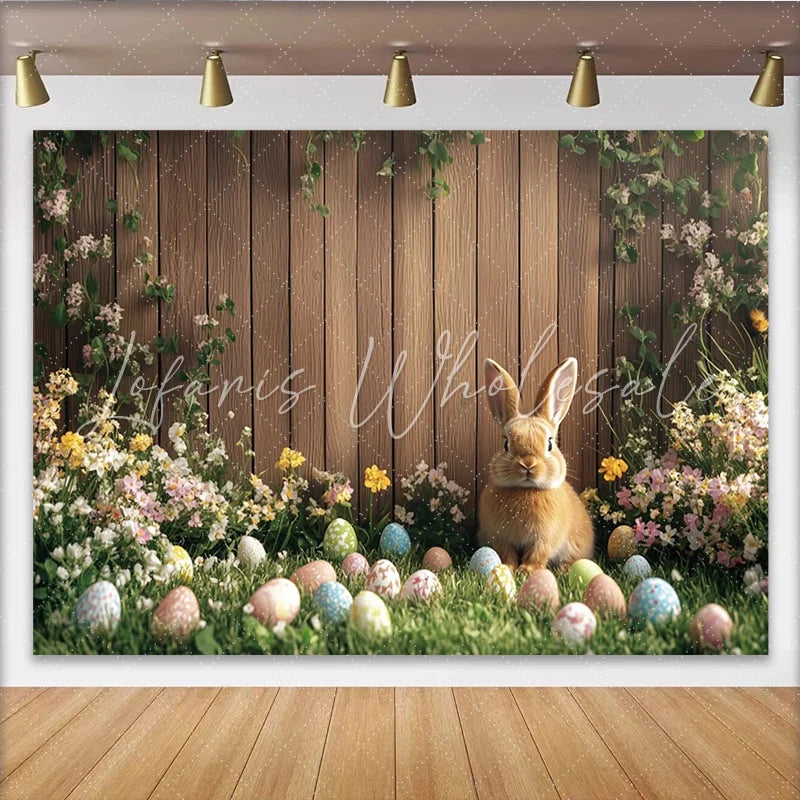 Lofaris Spring Easter Bunny Backdrop with Colorful Eggs and Wildflowers Rustic Wood Fence Background for Holiday Photoshoot