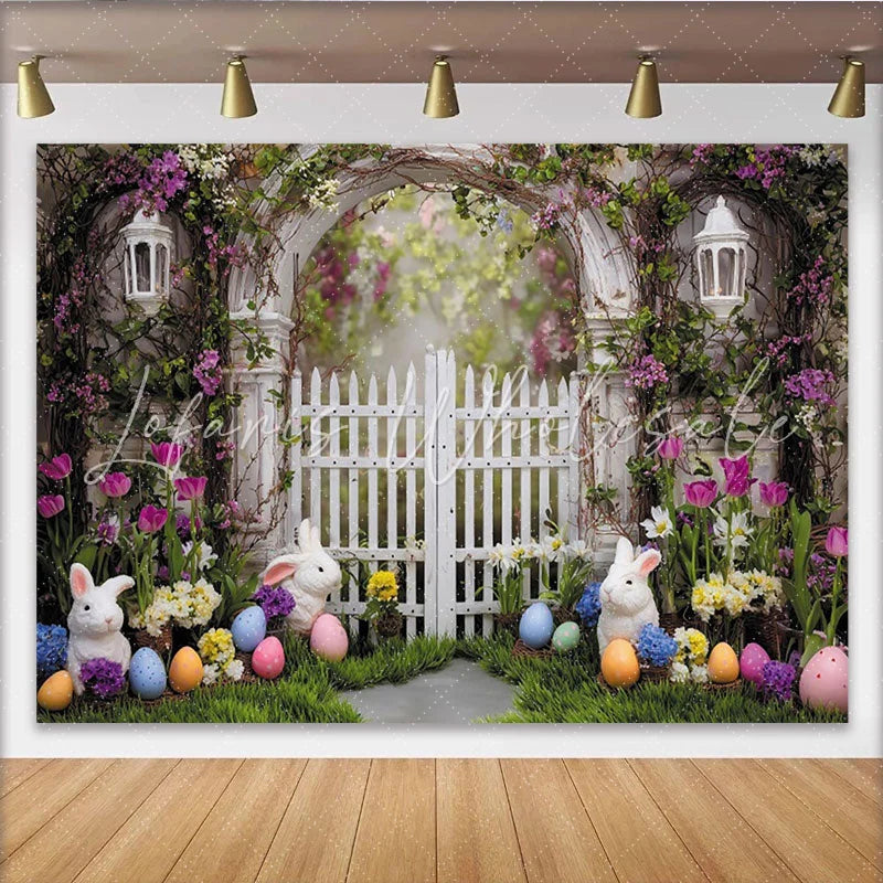 Lofaris Spring Easter Garden Backdrop White Picket Fence with Floral Archway Cute Bunnies and Colorful Eggs Photo Booth