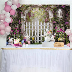 Lofaris Spring Easter Garden Backdrop White Picket Fence with Floral Archway Cute Bunnies and Colorful Eggs Photo Booth