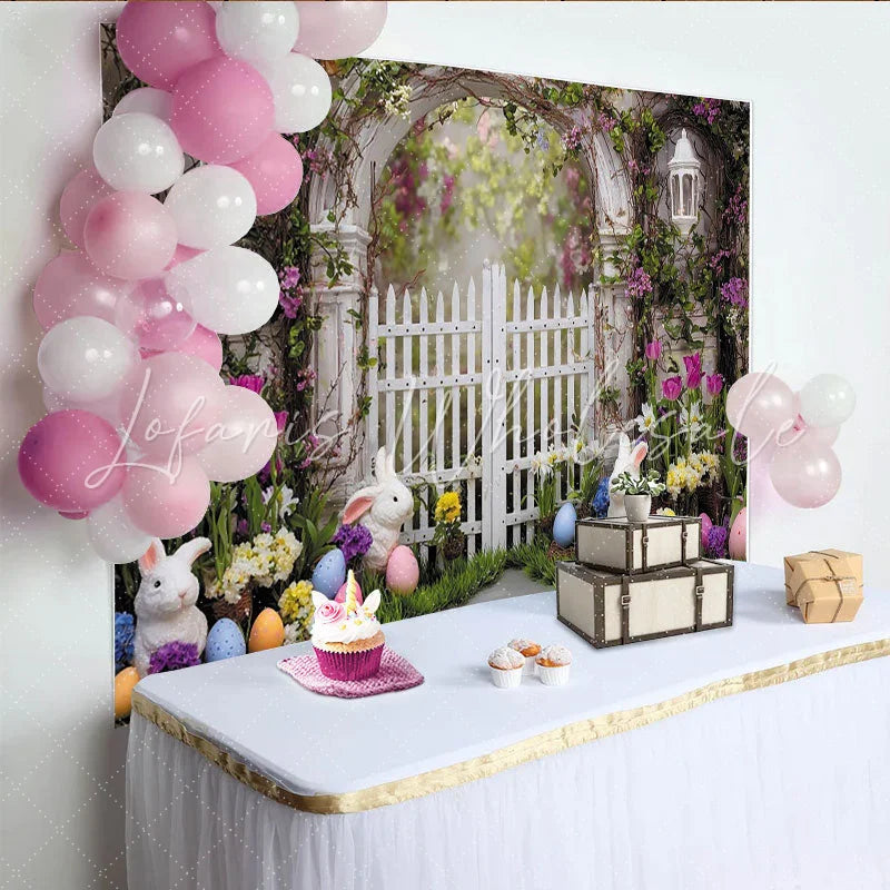 Lofaris Spring Easter Garden Backdrop White Picket Fence with Floral Archway Cute Bunnies and Colorful Eggs Photo Booth