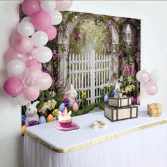 Lofaris Spring Easter Garden Backdrop White Picket Fence with Floral Archway Cute Bunnies and Colorful Eggs Photo Booth
