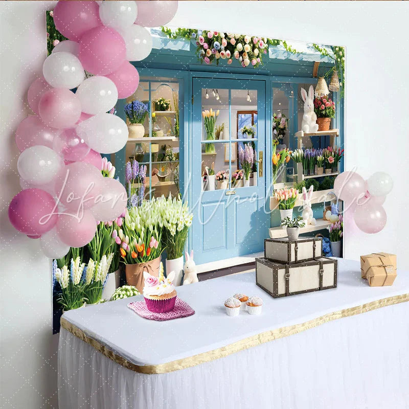 Lofaris Spring Flower Shop Photography Backdrop Blue Storefront and Bunny Photo Background