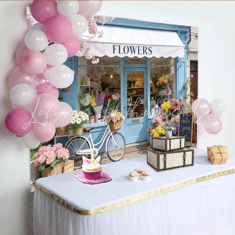 Lofaris Spring Flower Shop Photography Backdrop with Blue Facade and Cherry Blossoms Charming Bicycle and Hello Spring Sign for Photoshoot