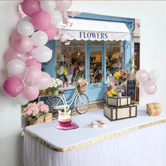 Lofaris Spring Flower Shop Photography Backdrop with Blue Facade and Cherry Blossoms Charming Bicycle and Hello Spring Sign for Photoshoot