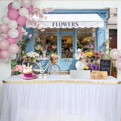 Lofaris Spring Flower Shop Photography Backdrop with Blue Facade and Cherry Blossoms Charming Bicycle and Hello Spring Sign for Photoshoot