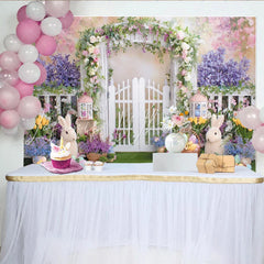 Lofaris Spring Garden Easter Backdrop with White Picket Fence Arch Floral Garland and Colorful Eggs
