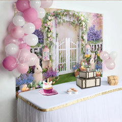 Lofaris Spring Garden Easter Backdrop with White Picket Fence Arch Floral Garland and Colorful Eggs