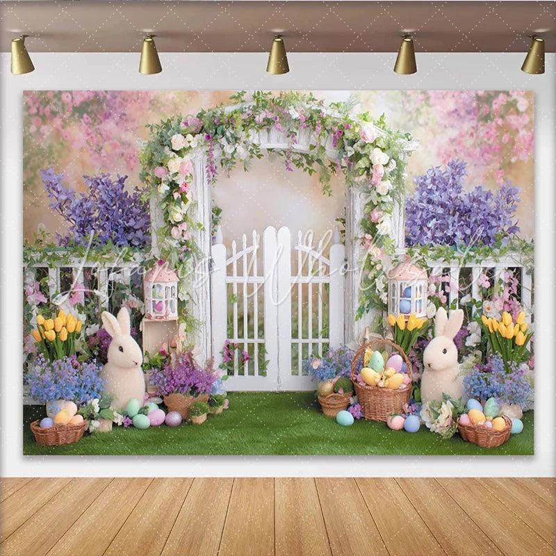 Lofaris Spring Garden Easter Backdrop with White Picket Fence Arch Floral Garland and Colorful Eggs