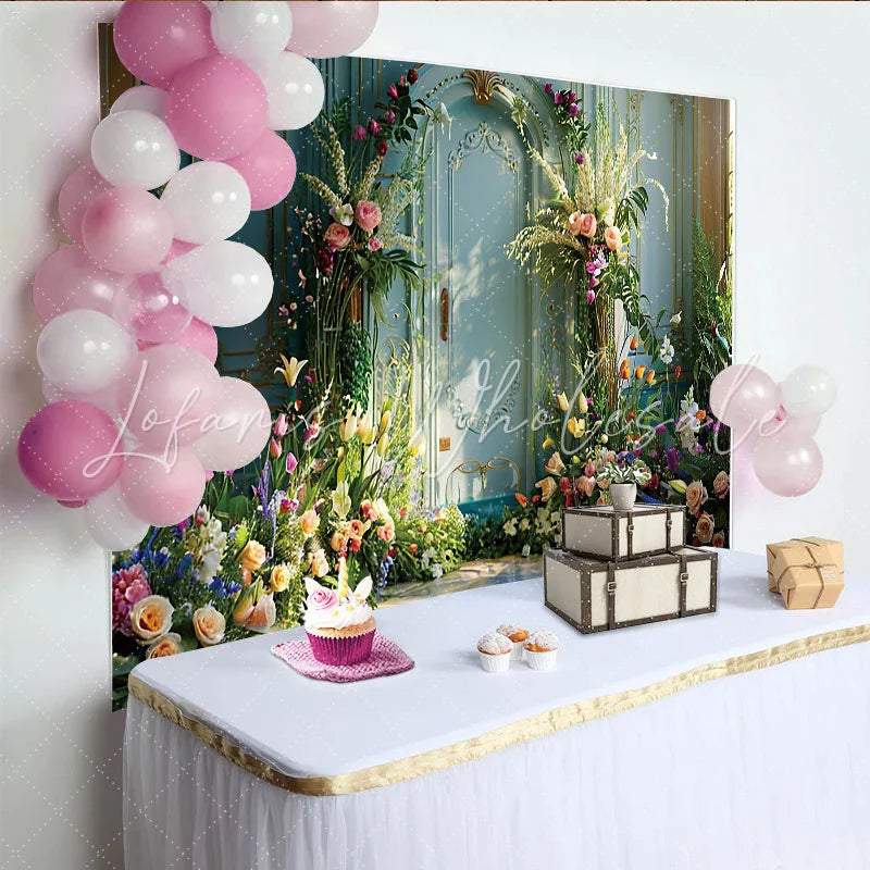Lofaris Spring Garden Villa Photography Backdrop Blue Ornate Door and Floral Photo Background