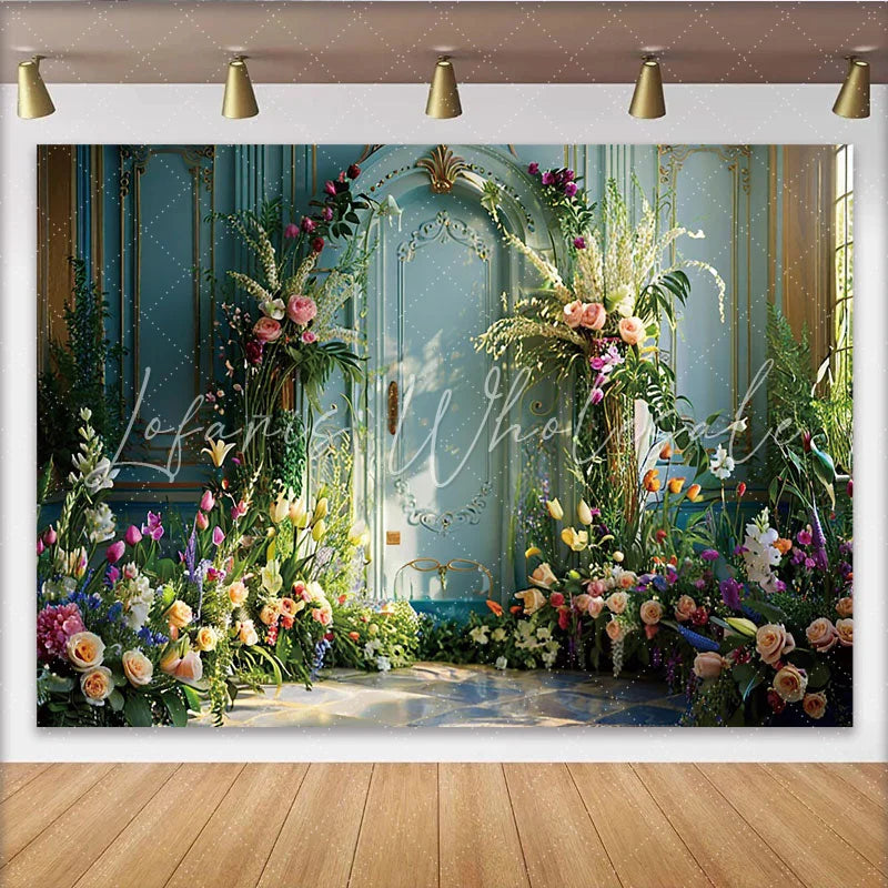 Lofaris Spring Garden Villa Photography Backdrop Blue Ornate Door and Floral Photo Background