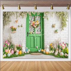 Lofaris Spring Green Door with Easter Bunnies and Flowers Party Backdrop Festive Holiday Celebration Decor